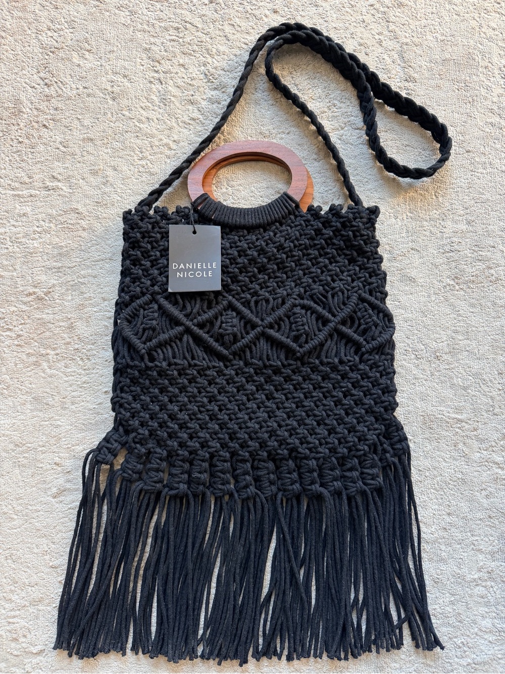 NWT Danielle Nicole Black Macrame Fringe Boho Bag